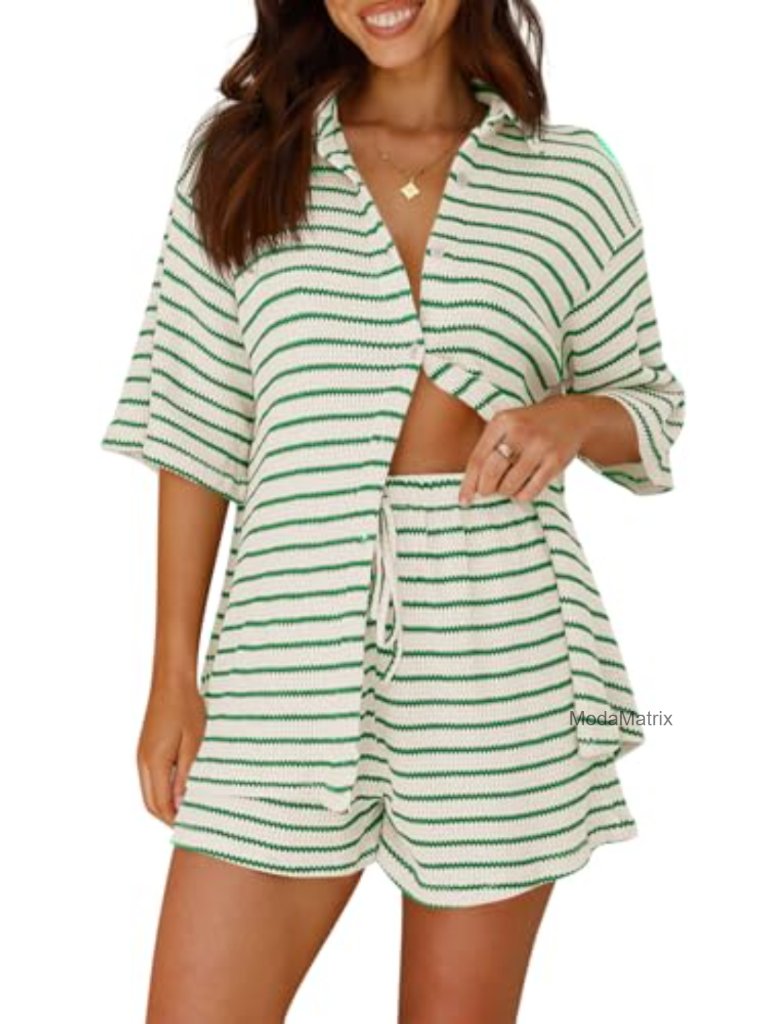 Striped 2 Piece Lounge Set With Button Down Shirt And Shorts